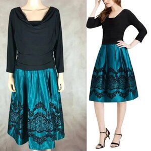 SL Fashions Flocked Black/Teal Fit & Flare Special Event Dress NWT 18
